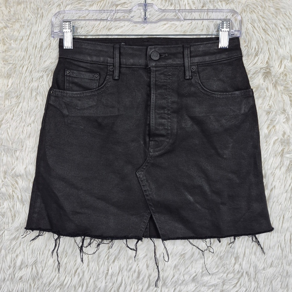 GRLFRND Milla Coated Denim Mini Skirt Noir Black Raw Hem Size 24 Grunge Y2K